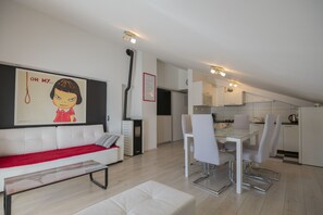 Smart TV, fireplace, foosball