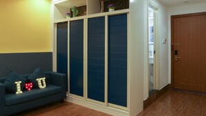 Une pièce avec un canapé bleu foncé, un plancher en bois, une armoire à portes coulissantes bleue et une porte en bois.