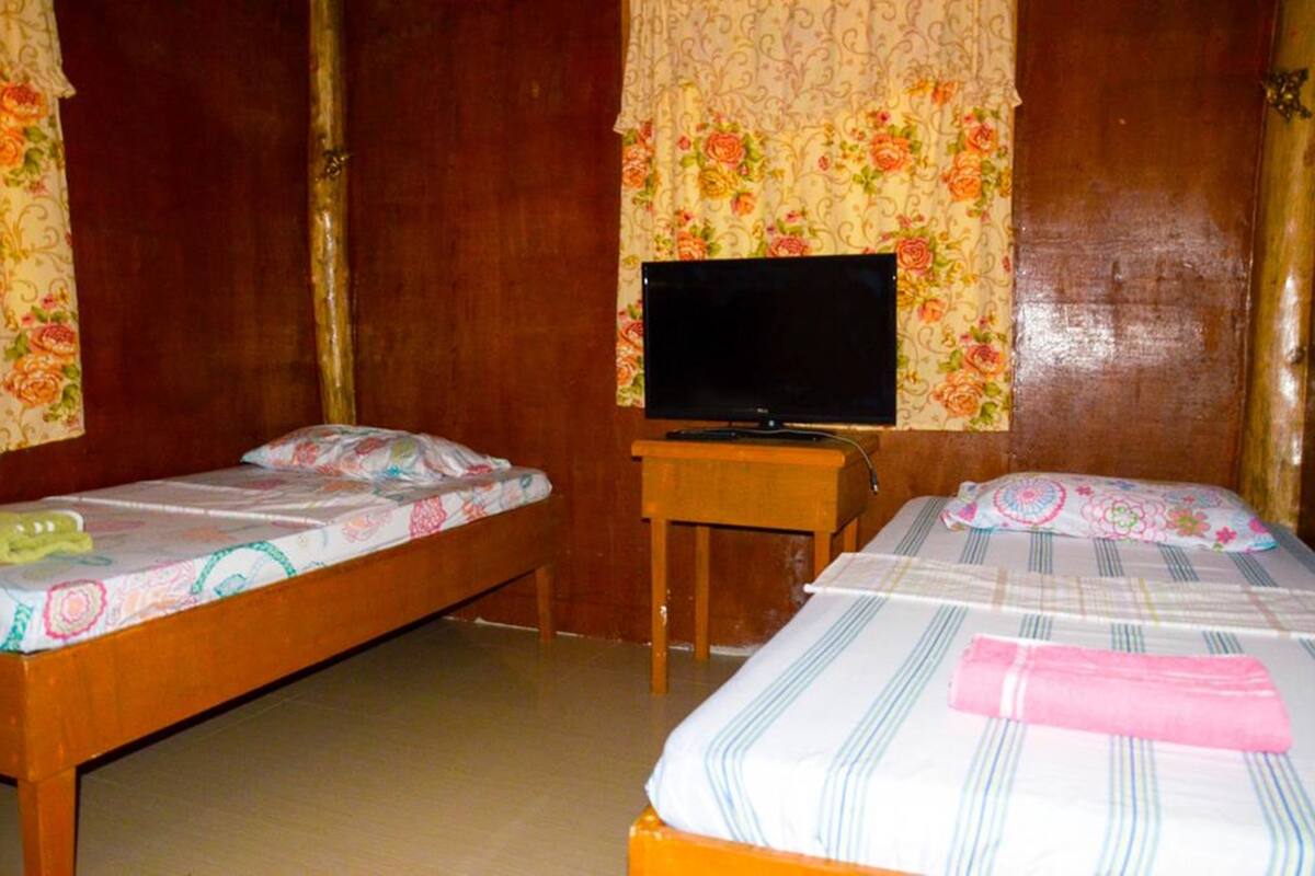 A room with two wooden beds, a television on a small table, and floral curtains.