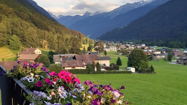 A balcony with a flower box, a view of a village, and mountains in the background. - Haus Carmen, family-friendly 4 Edelweiss holiday apartment with BergePlus program (St. Gallenkirch)