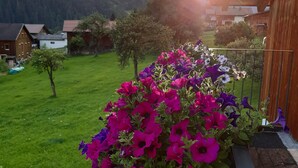 A balcony with a flower planter filled with vibrant flowers, a grassy yard, and houses in the background. - Haus Carmen, family-friendly 4 Edelweiss holiday apartment with BergePlus program (St. Gallenkirch)