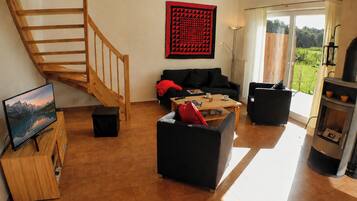 TV, fireplace, DVD player, books