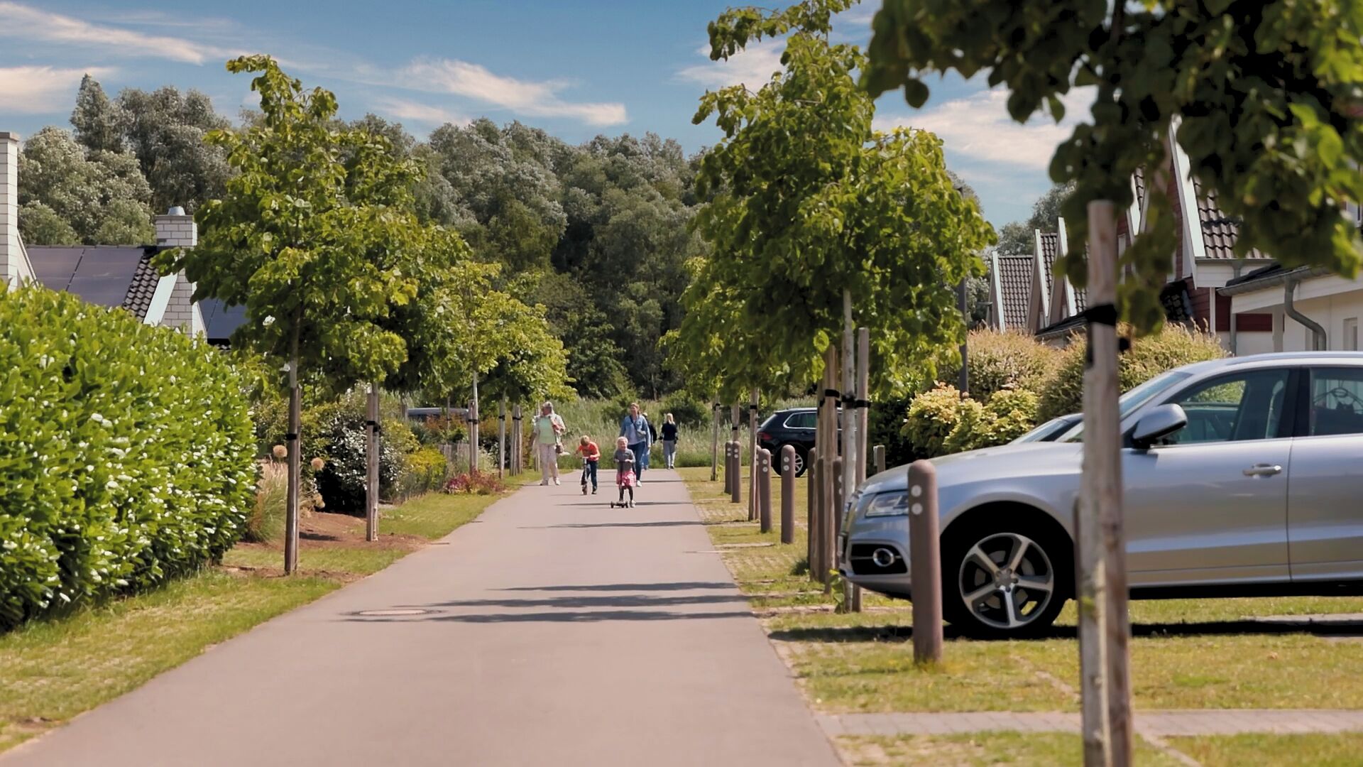 Un chemin piétonnier bordé d’arbres et de voitures garées, qui mène à un quartier résidentiel avec des maisons et une colline boisée en arrière-plan.