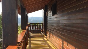 Une terrasse en bois avec un banc et des plantes en pot, qui mène à un bâtiment en bois offrant une vue sur les montagnes.