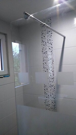 Combined shower/bathtub, hair dryer, towels