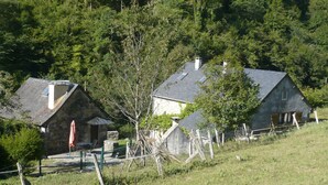 A rustic stone house with a sloped roof, surrounded by lush greenery and a fenced area with outdoor seating. - Gîte Jaune - House on 5 ha property, swimming pool, sauna, animals, (Osse-En-Aspe)