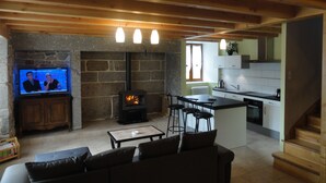A cozy living room with a fireplace, a television, and a sofa. - House completely renovated character located 1 km from the Gorges du Bès (Arzenc-d'Apcher)