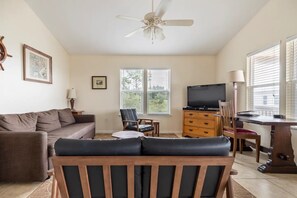 TV, DVD player, books, video library