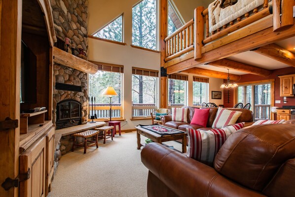 Televisión, chimenea, reproductor de DVD y videoteca