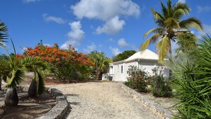 A white building with a sloped roof, surrounded by a gravel driveway and palm trees. - Guest-House In A Palmgrove For A Couple. Space, Privacy And Silence (Saint Martin)