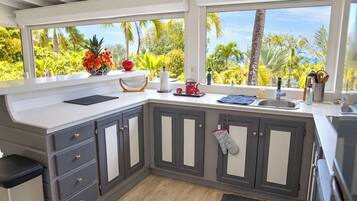 A kitchen with grey cabinets, a white countertop, and a view of palm trees.