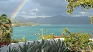 Un jardin offrant une vue sur un lac et des montagnes, avec un arc-en-ciel en toile de fond.