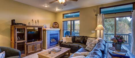 Een smart-tv, een open haard, een dvd-speler en boeken