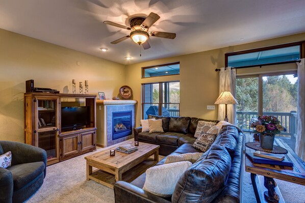 Smart TV, chimenea, reproductor de DVD y libros 