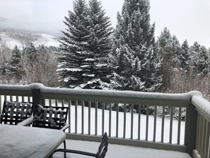A balcony with a view of snow-covered trees and a distant landscape. - Riverside Mountain View Townhome (Silverthorne)