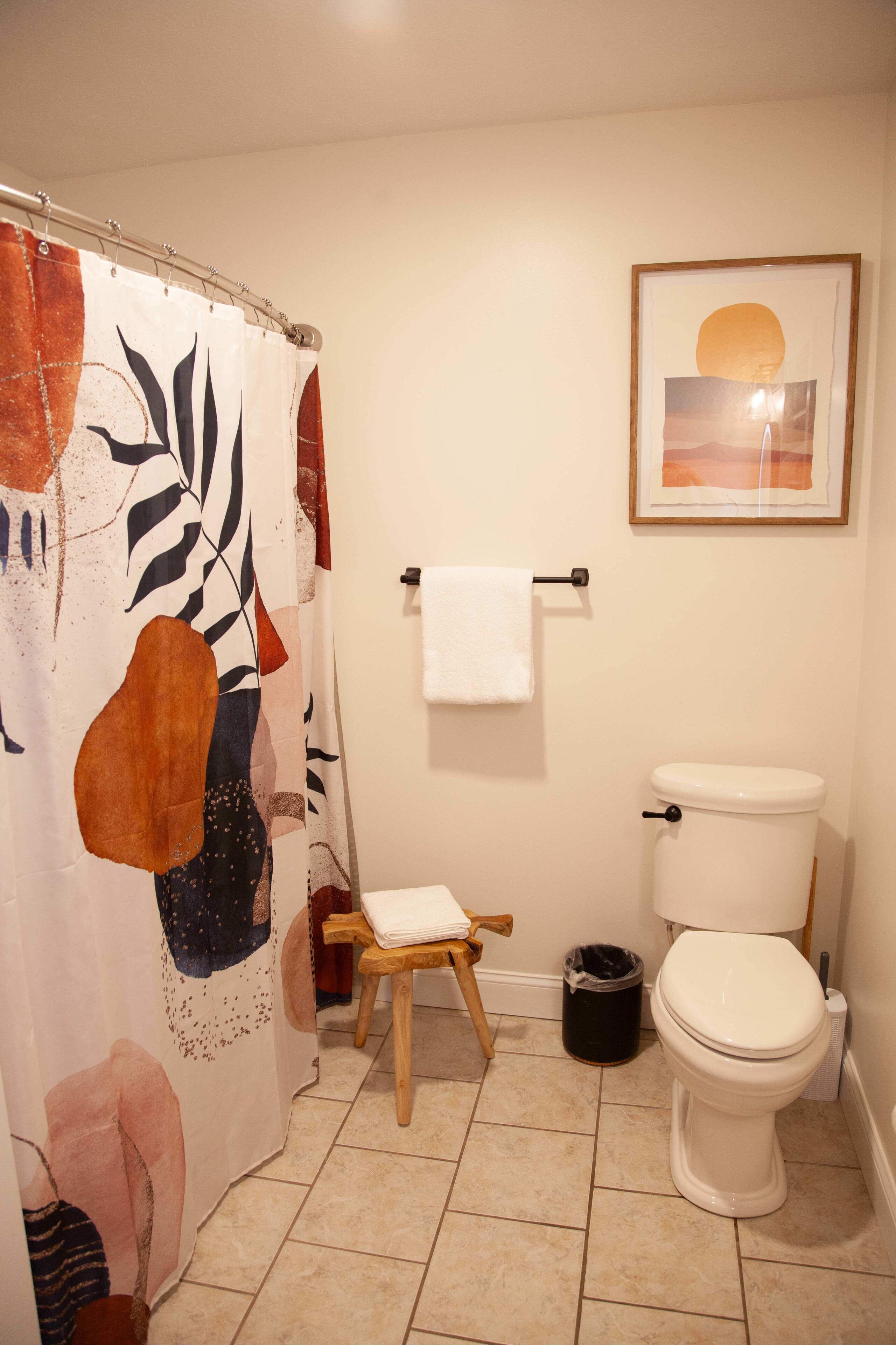 Une salle de bain avec un rideau de douche, des toilettes et un tableau encadré au mur.