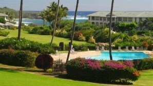 Un resort con piscina rodeada de exuberante vegetación y palmeras, con vistas a una playa y al océano.