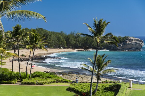 On the beach, sun-loungers, beach towels