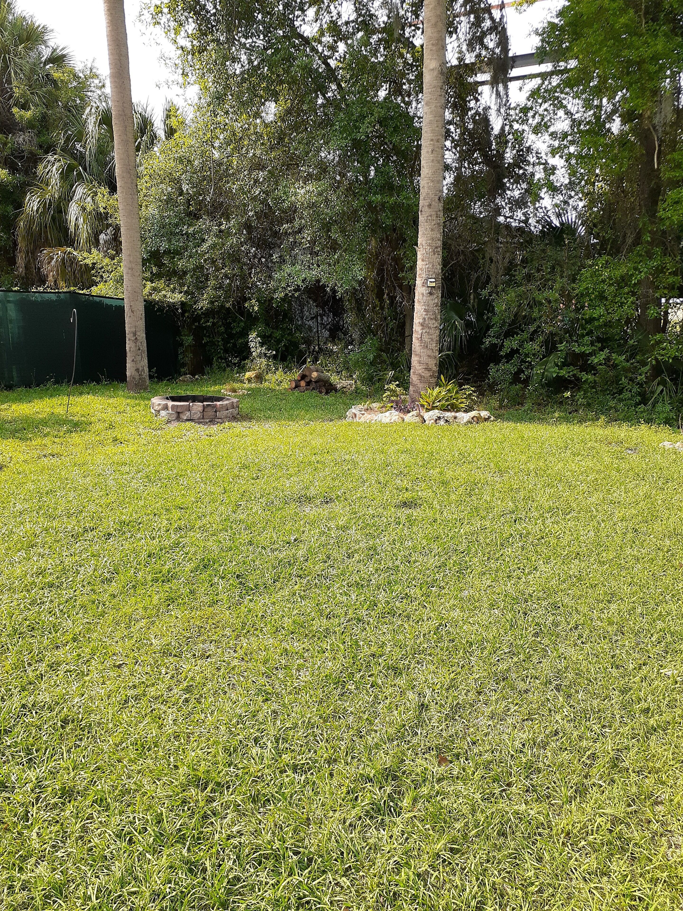 A grassy backyard with trees and a brick structure.