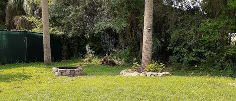 A grassy backyard with trees and a brick structure.