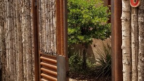 A rustic gate with a wooden texture and a metal handle, leading to a building with a chimney and a letter 'G' on a tree trunk.