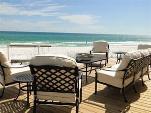 On the beach, sun loungers, beach towels
