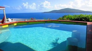 A clear blue infinity pool with a view of the ocean and a mountain in the background. - Ocean View Villa & Cottage located 5 min Drivefrom Megans Bay with Cocktail Pool (St Thomas)
