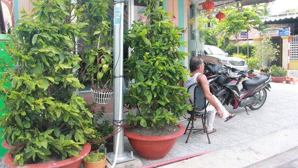 A building with a tiled roof, a parked motorcycle, and potted plants.