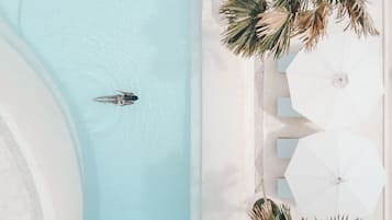 Outdoor pool, pool umbrellas, pool loungers