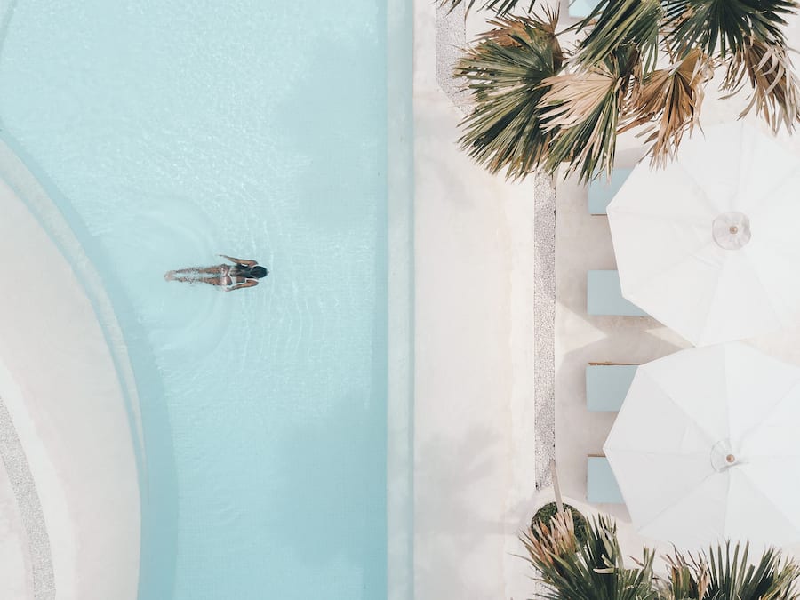 Outdoor pool, pool umbrellas, pool loungers