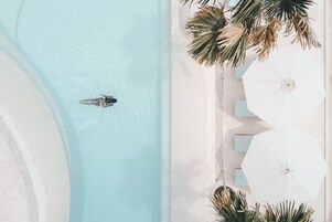 Outdoor pool, pool umbrellas, pool loungers