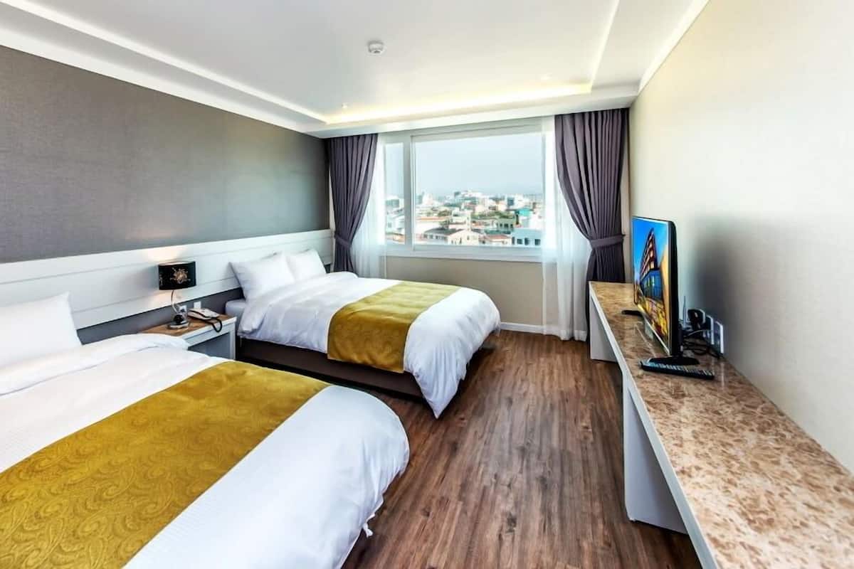 Une chambre d’hôtel avec deux lits, un bureau, une télévision et une vue sur la ville.