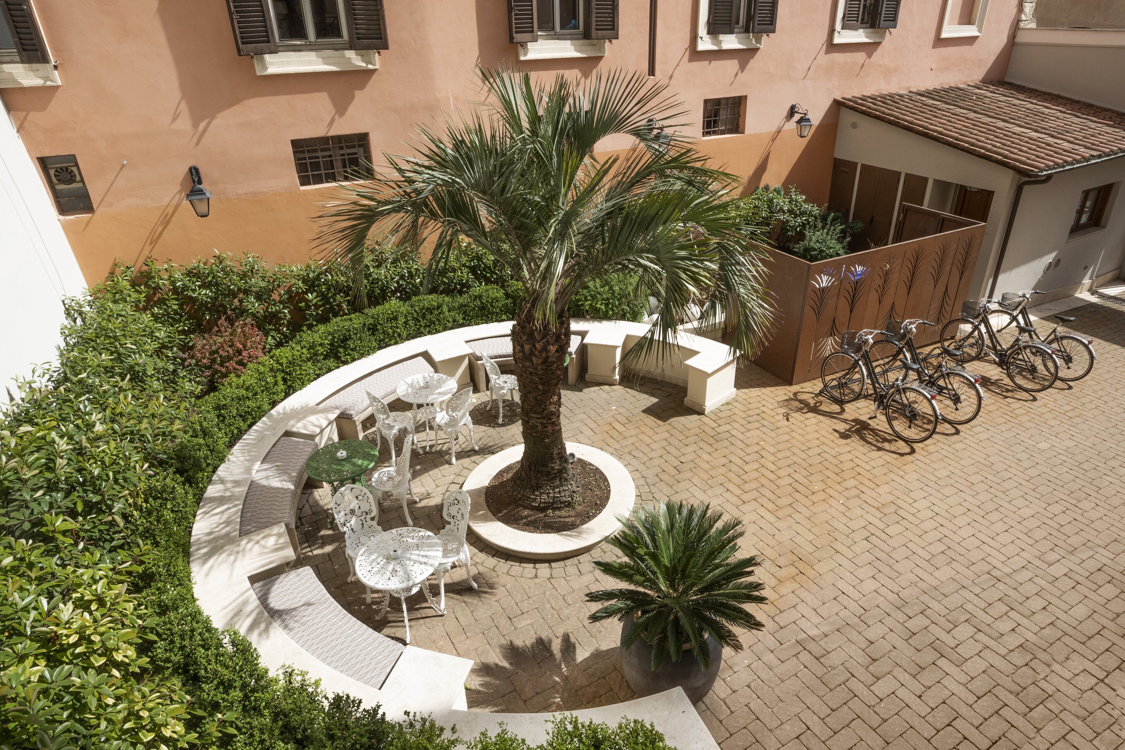Un cortile con una palma, posti a sedere all'aperto e biciclette.