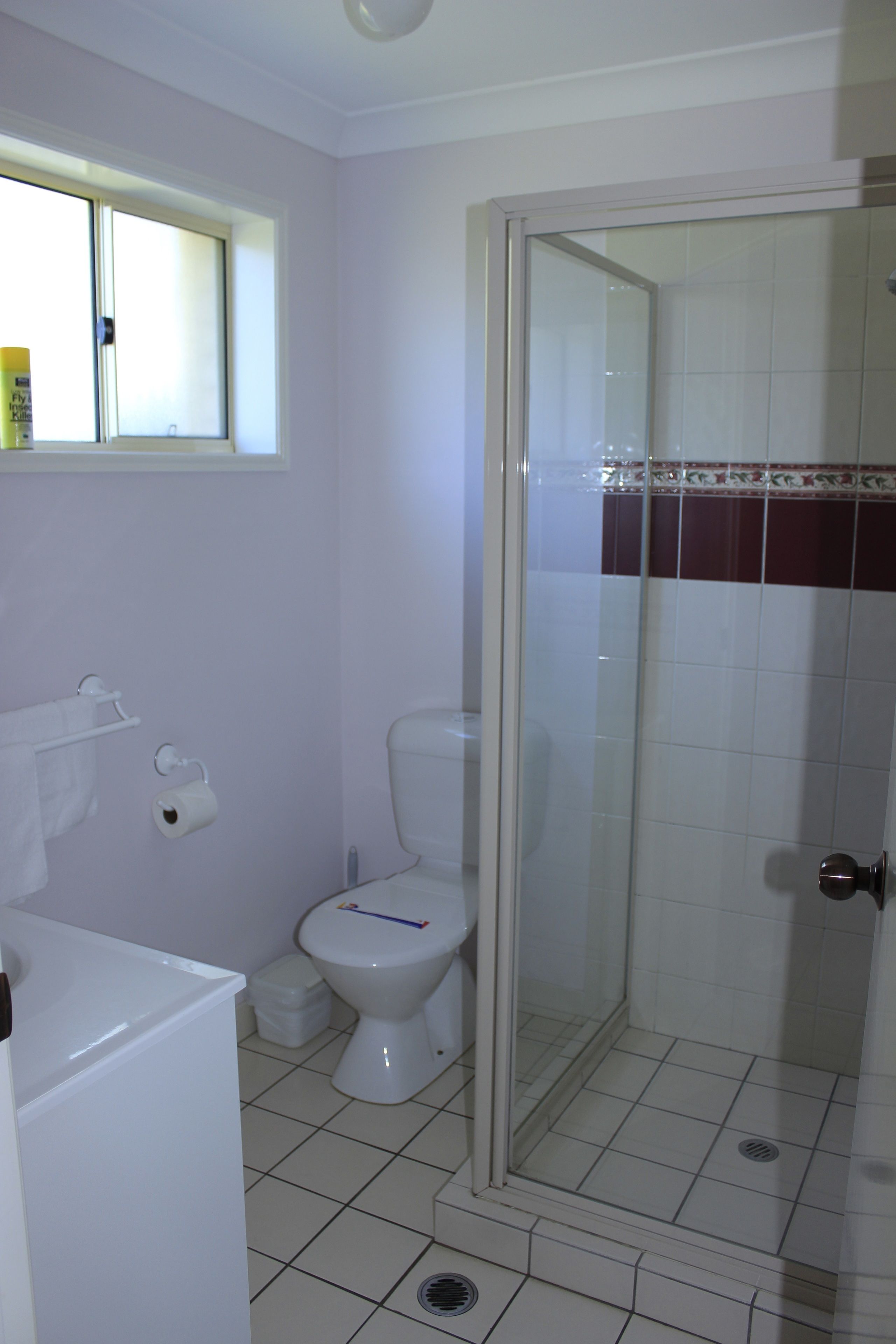 Een badkamer met toilet, douchecabine en raam.