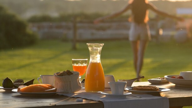 A breakfast table with a pitcher of orange juice, a cup, a plate with fruit, and a basket of bread. - Masseria Autigne (Otranto)