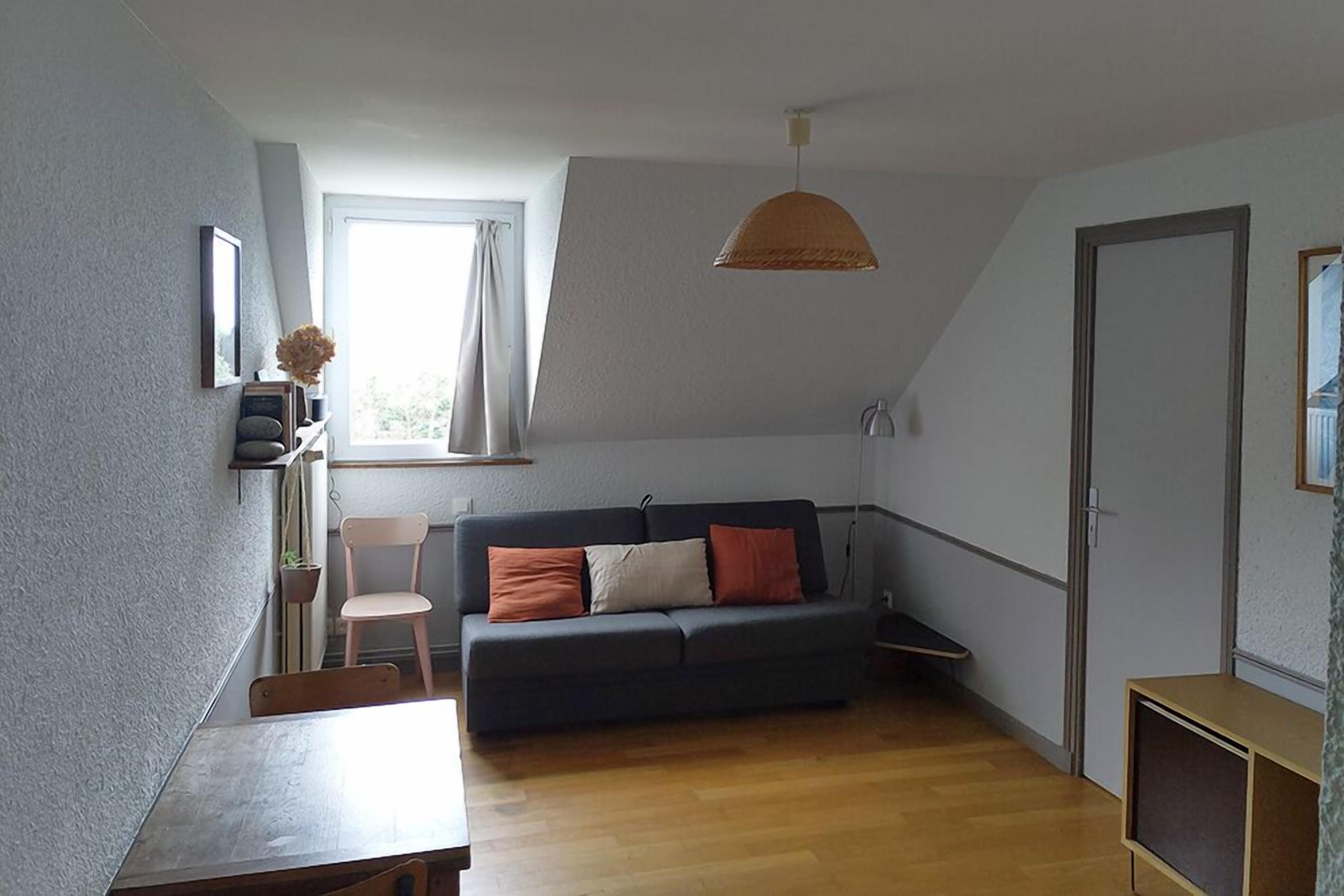 Quarto com sofá de cor escura, mesa de jantar de madeira, uma cadeira, uma pequena planta e uma janela com cortinas.