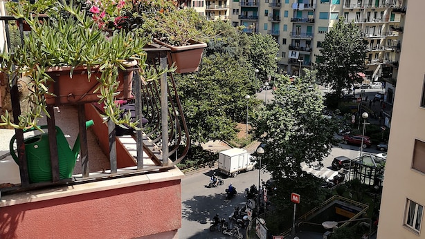 A balcony with potted plants and a view of a busy street with cars and pedestrians. - Smiling Naples (Naples)