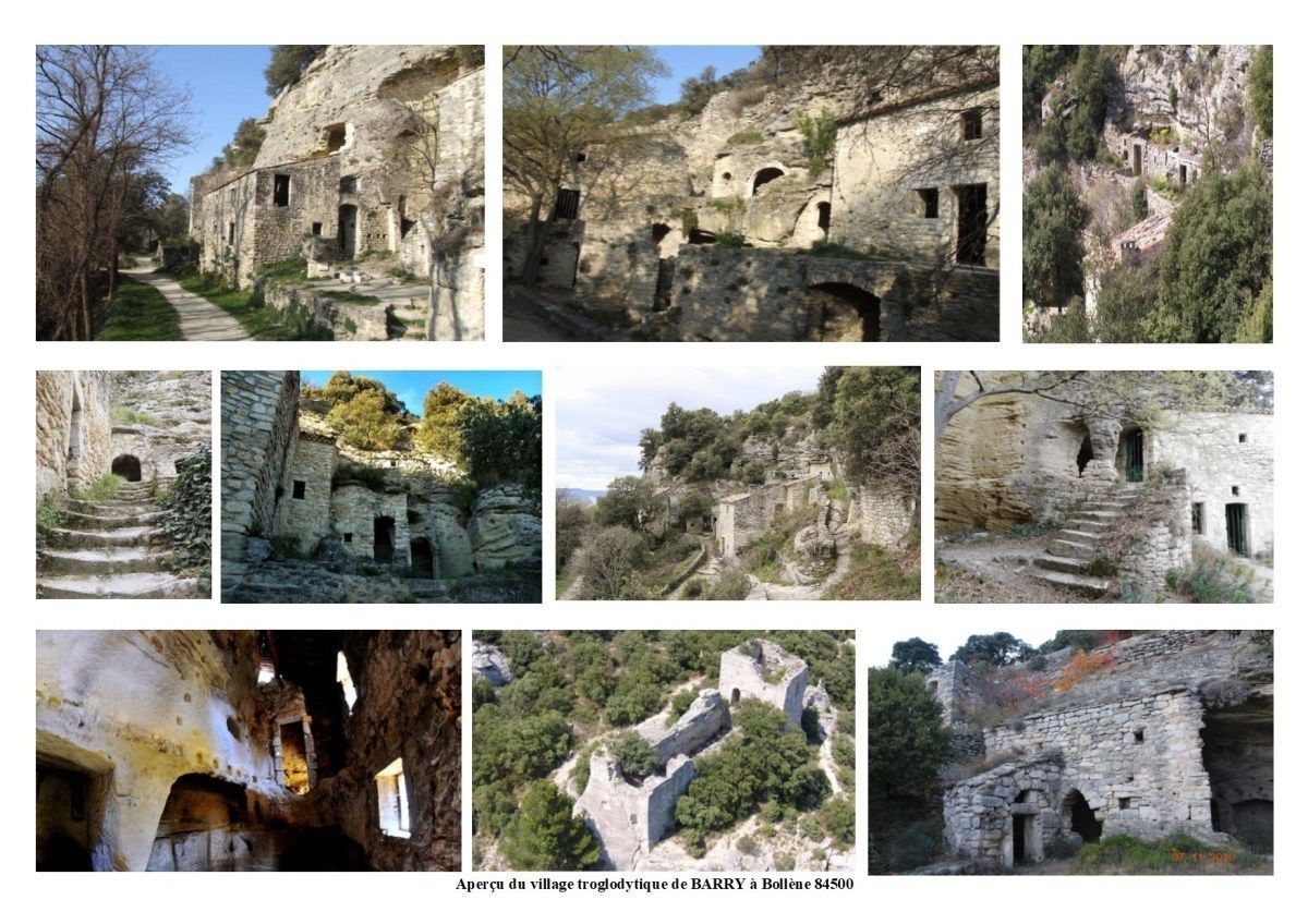 A series of ancient stone structures with varying architectural features, including arches and doorways, set in a natural landscape with trees and rocky terrain.