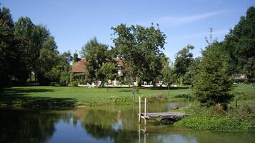 Eine friedliche Seenlandschaft mit einem hölzernen Steg, der ins Wasser führt, umgeben von üppigem Grün und einem Gebäude mit rotem Dach in der Ferne.