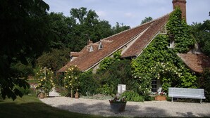 A traditional building with a sloped roof, surrounded by lush greenery and a gravel path. - Les Sapins (Vitry-aux-Loges)
