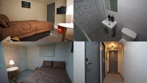 A hotel room with a bed, bedside table, lamp, and a painting on the wall. - Blue Mansion Guesthouse (Seoul)