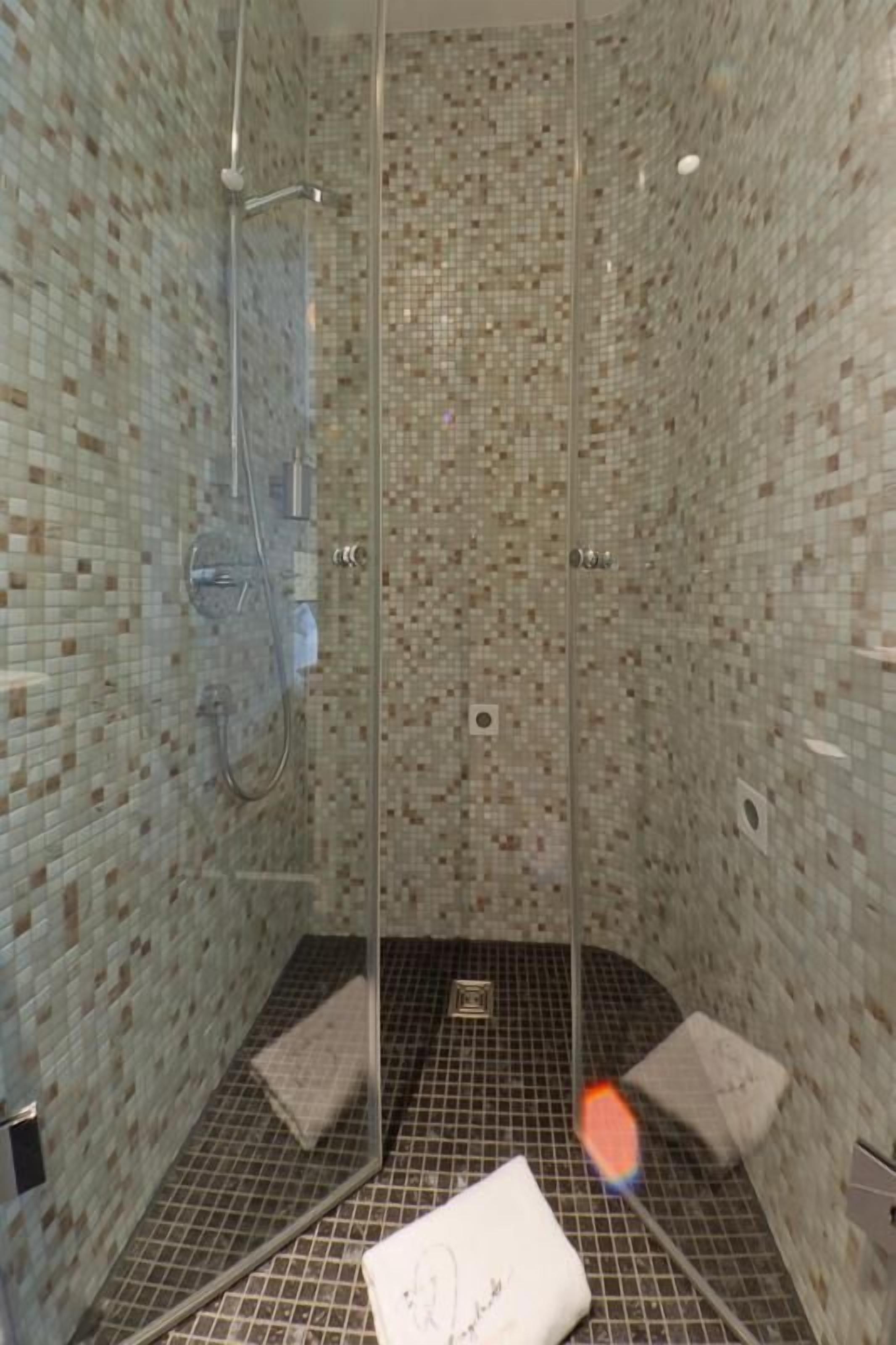 A shower with mosaic tile walls and floor, a glass door, and a handheld showerhead.