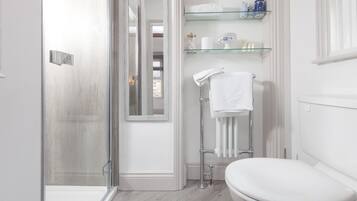 Un baño moderno con cabina de ducha de vidrio, inodoro blanco y estante de vidrio con artículos de aseo.