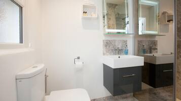 Une salle de bain moderne équipée de toilettes, d’un lavabo et d’un espace douche.