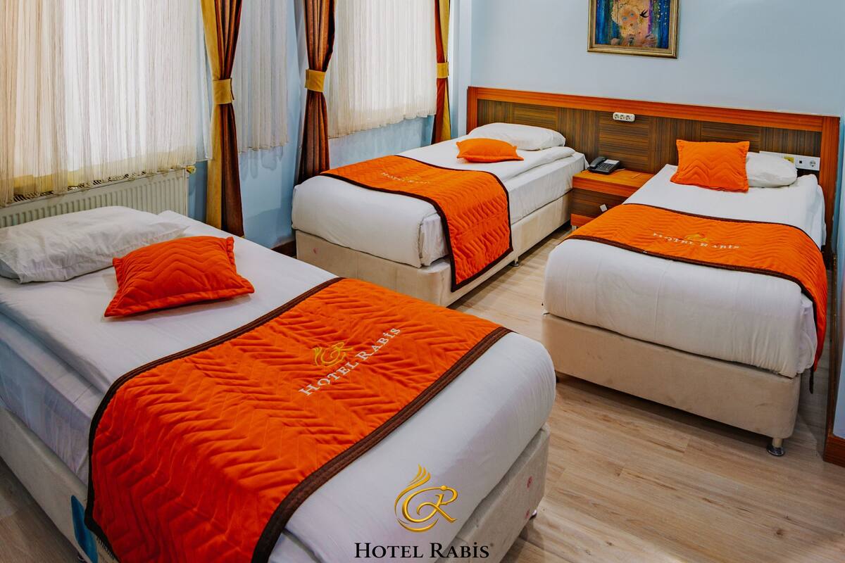 A hotel room with two beds, a bedside table with a phone, a painting on the wall, and a window with curtains.