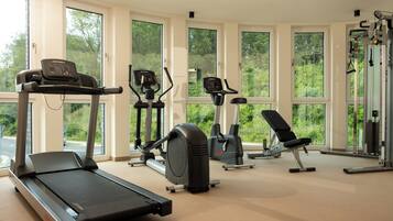 A gym with treadmills, ellipticals, and a bench.