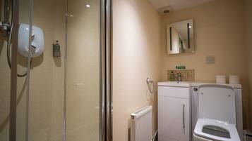 A bathroom with a glass shower enclosure, a toilet, and a sink with a mirror above it.