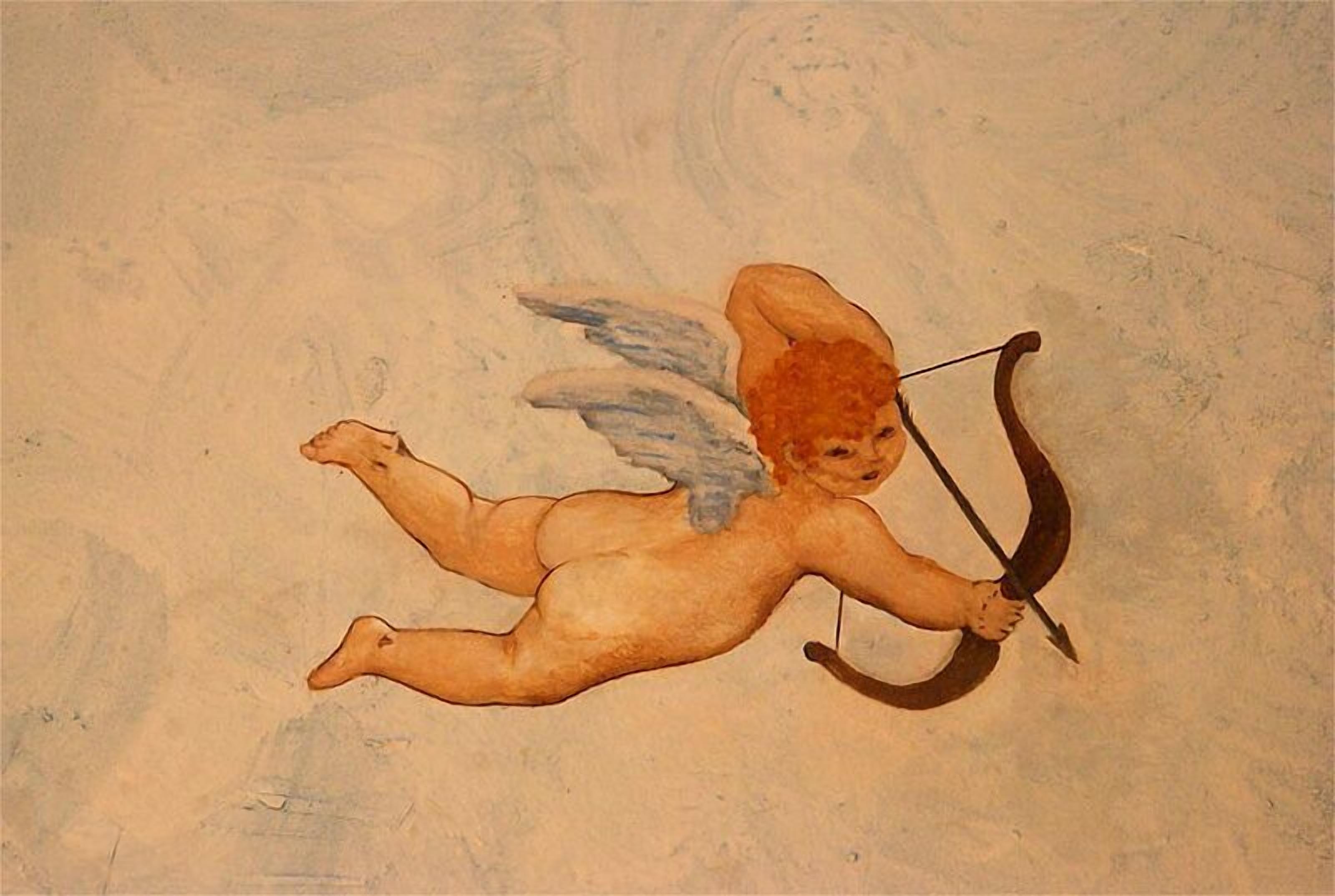A mural of a cherub with wings and a bow and arrow.