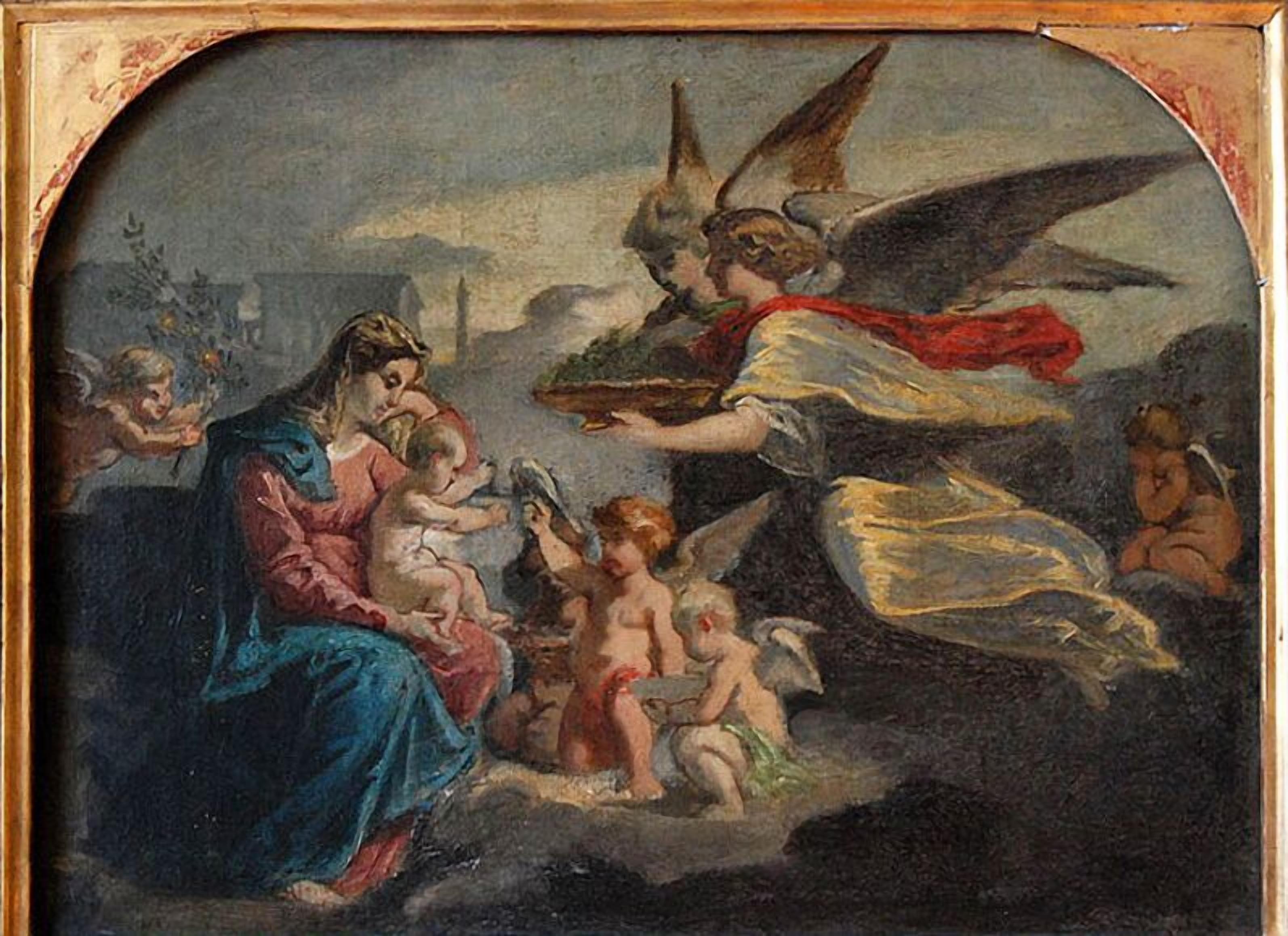 A classical painting with a central figure seated on a rock, surrounded by smaller figures.