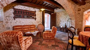 Ein rustikales Interieur mit Steinwänden, Holzbalkendecke und einer Weinschlange. Es gibt Sofas und einen Tisch mit Stühlen.